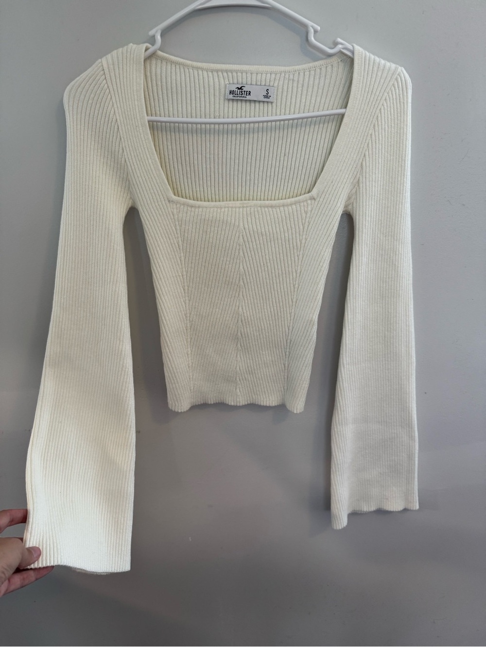 Hollister Cream Ribbed Square-Neck Long Sleeve Top with Flared Sleeves